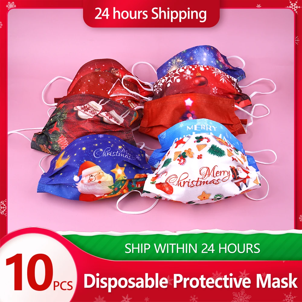 

50pcs Christmas Adult Mask 3 Layer Colorful Non-woven Anti-dust Disposable Safe Breathable Face Mouth Printing Mask Halloween