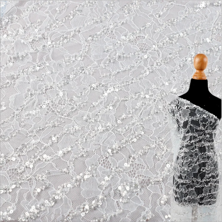 

2021 new bead sequin embroidery wedding evening dress lace embroidery fabric polyester mesh bottom
