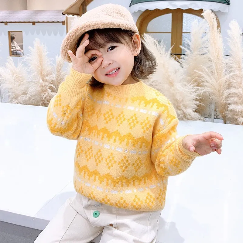 

New Spring Winter Girl Casual Sweater Children's Knitted Kids Pullover Warm Long Sleeve Thicken Clothing Yellow High Quality
