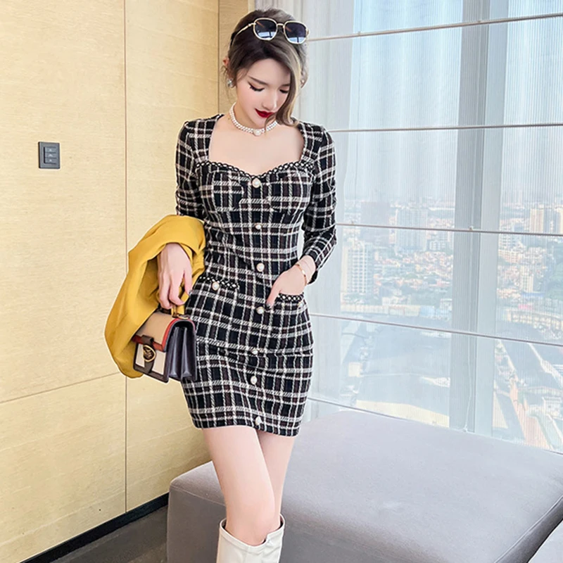 

Fashion Women Vintage Sweetheart Neck Pocket Plaid Mini Party Dress Temperament Elegant Sexy Street Clothes Skinny Female Dress
