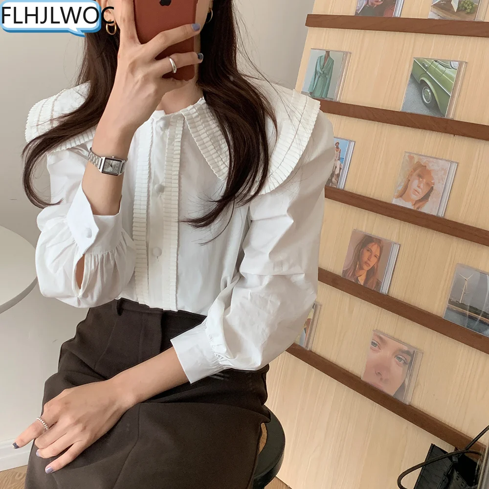 

Chic Korea Tops Preppy Style Cute Sweet Girls Women Peter Pan Collar Loose Single Breasted Button Solid Blue Retro Basic Shirts