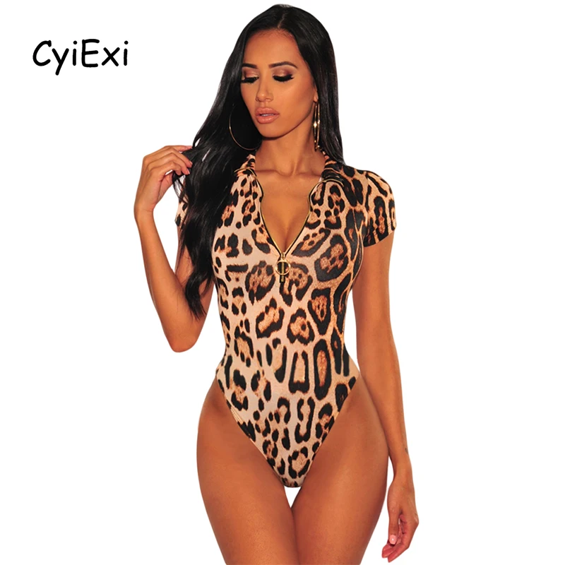 

Женское боди с леопардовым принтом CyiExi, шикарное боди на молнии с круглым вырезом и коротким рукавом, женская одежда, Клубные боди, топы