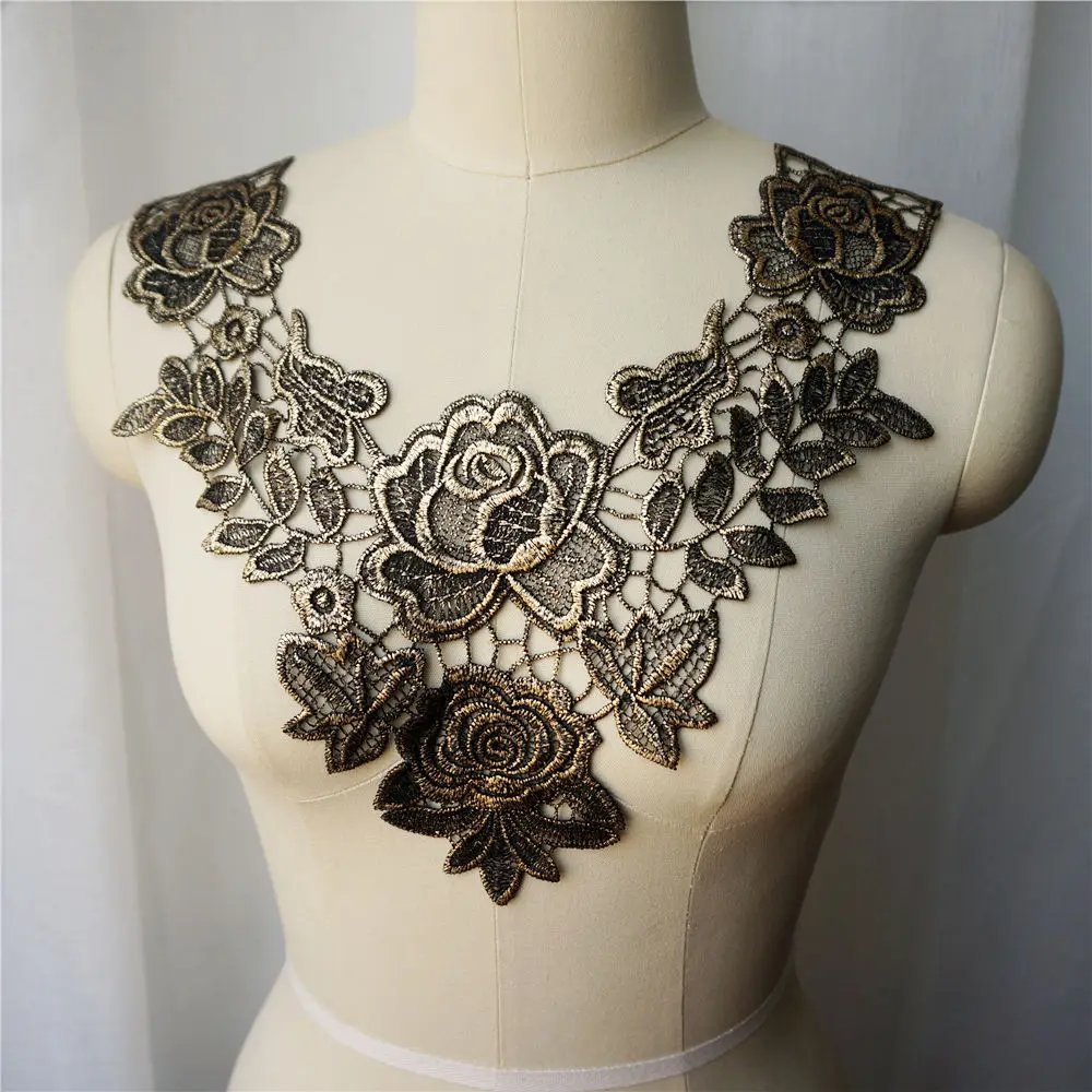 Бронзовая вышитая аппликация для платья кружевная ткань отделка воротника