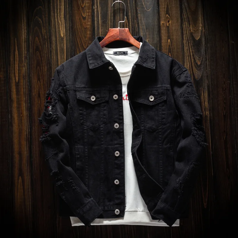 

Streetwear Destroyed Cotton Punk Coats Fashion Designer Men Jackets Elastic Slim Fit Korean Style Casual Ripped Denim Jacket Men