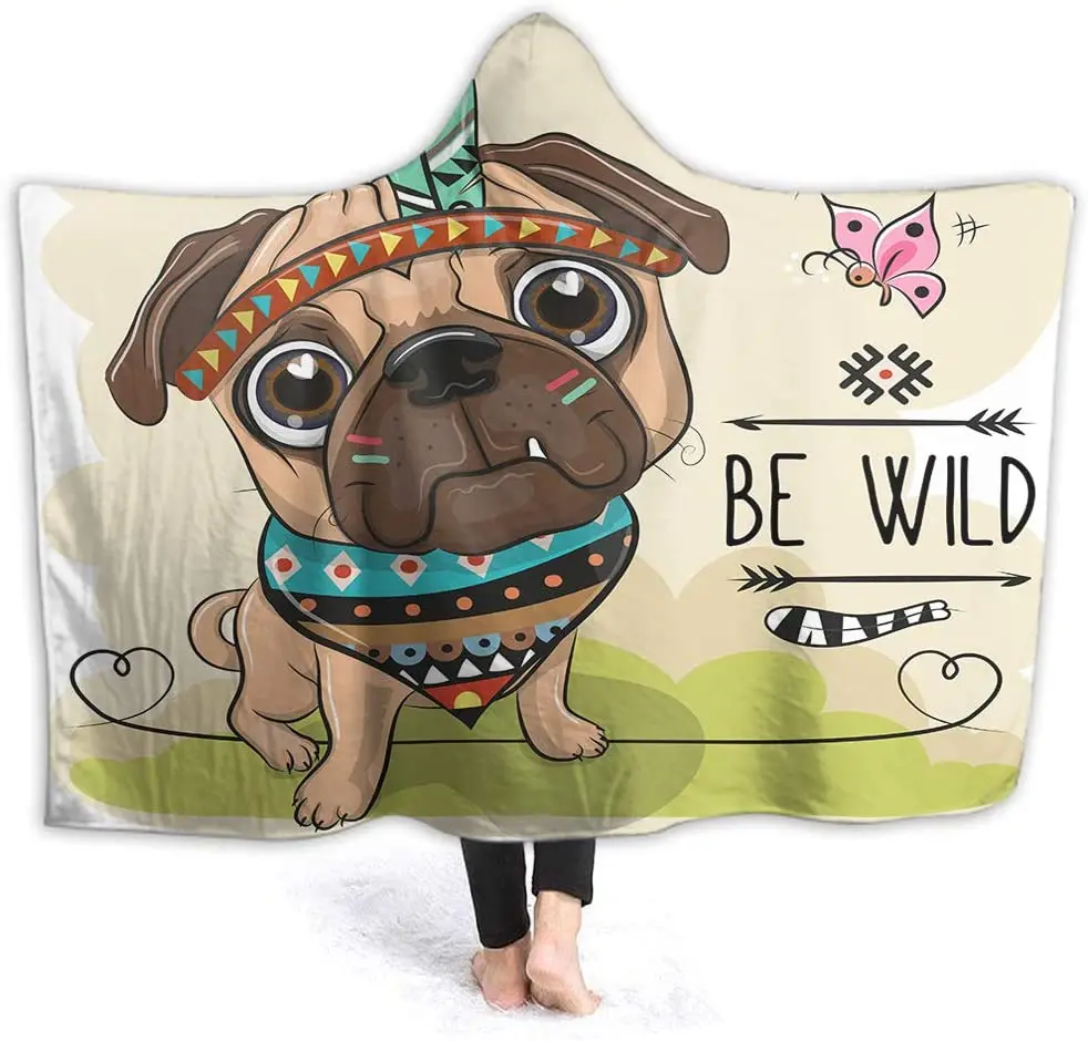 

Cartoon Pug Dog Hooded Blanket Pink Butterfly Tribal Scarf Adorable Animal Feather Ethnic Ultra-Cozy Throw Blankets for Home