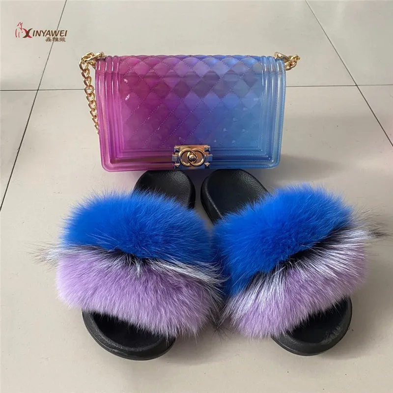 

fox fur slippers women fur slides rainbow shoe cute fur flip flops women travel Furry shoes jelly bags Set fashion bag