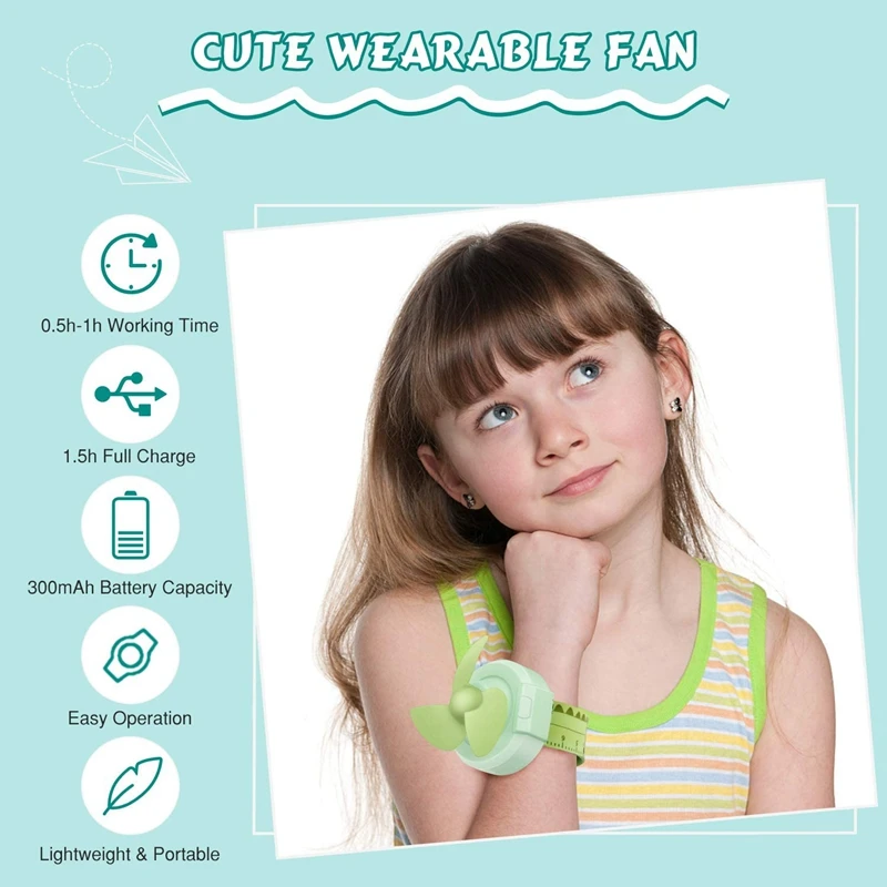 

Mini Fan Portable Watch Fan USB Rechargeable Fan,Adjustable Silicone Band with Ruler,Handheld Cute Cooling Fan,Green
