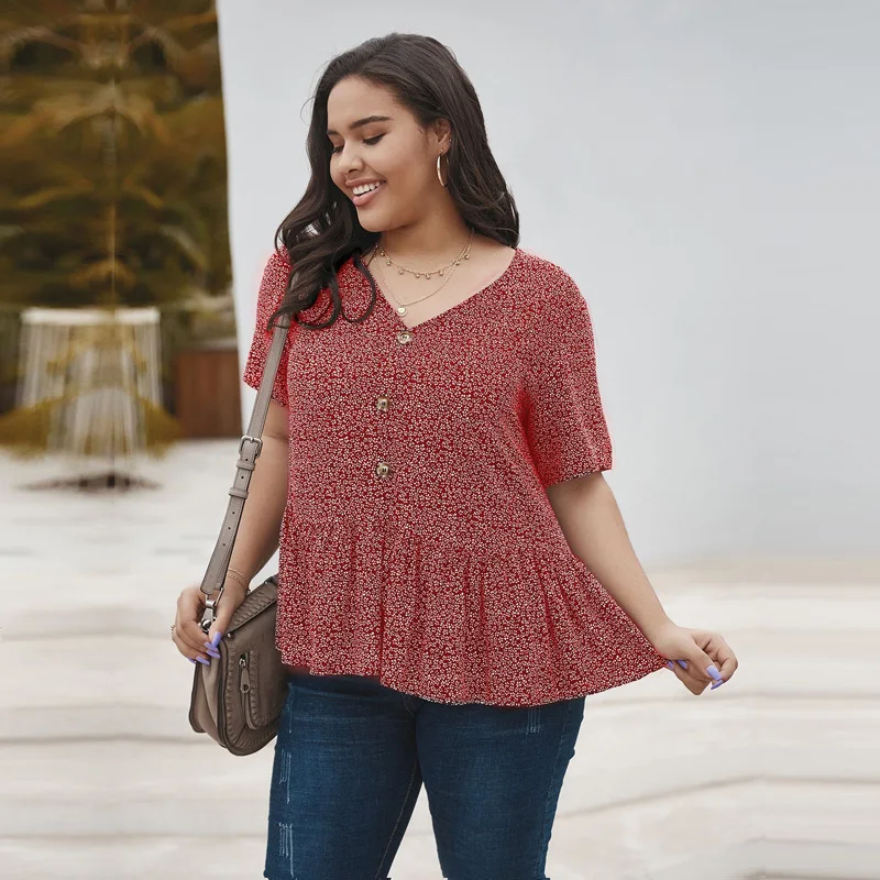 

Plus Size 2020 Summer Casual Woven V Neck Solid Color Singel Breasted Short Sleeve Loose Printed Tops For Ladies Fashion Blouses