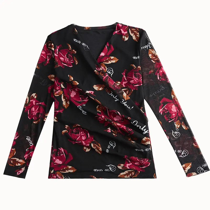 

Autumn Low-Collar Temperament Women's Shirt Fashion Printing V-neck Long Sleeve Bottoming Shirt Gauze Women's Small Shirt