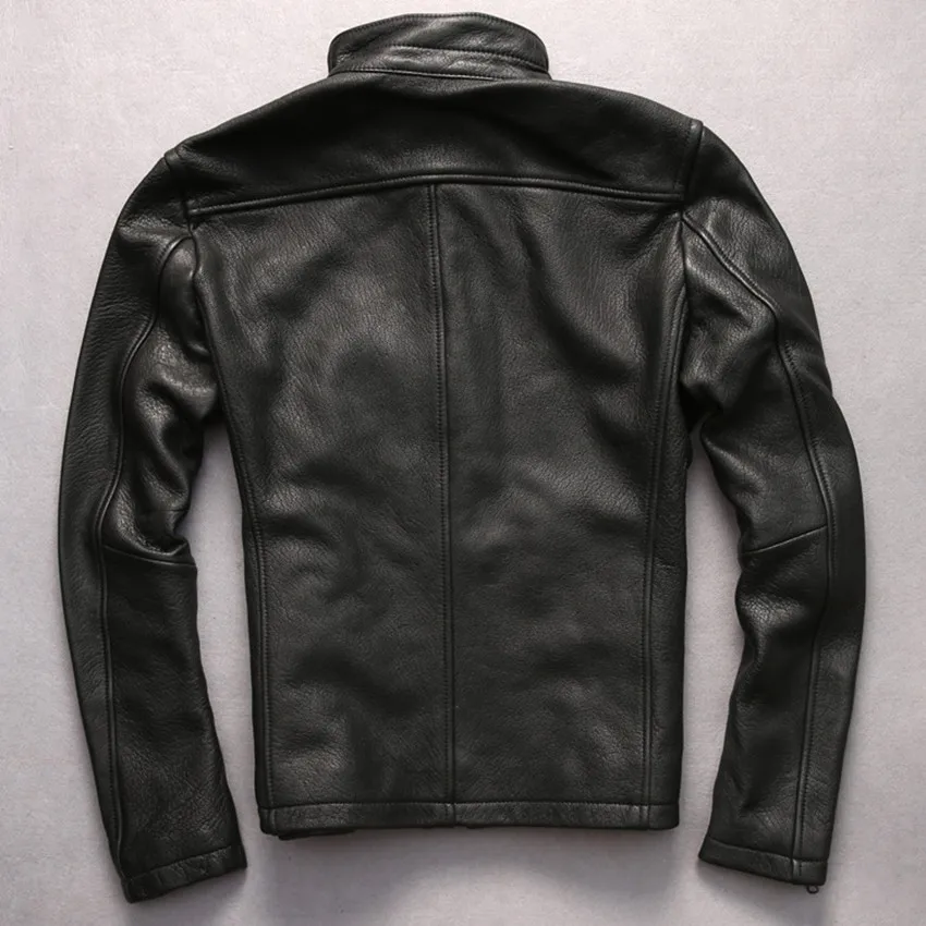 

solid leather jacket men Import thick goatskin turn down collar yellow multi-pockets ziper black casual sheepskin coat for man