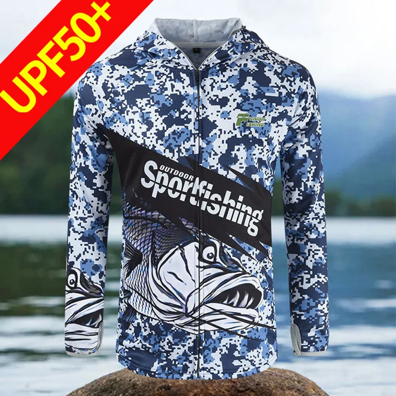 

Синяя камуфляжная Толстовка для рыбалки, одежда, летняя, защита от солнца, УФ, UPF 50 +, рыболовная рубашка, мужская, быстросохнущая, 2021, рыболовн...