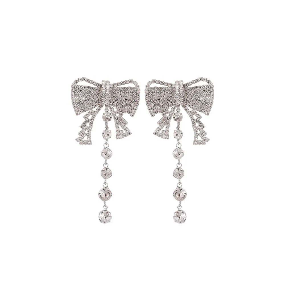 

New Palace Style Fashion Exaggerated Full Rhinestone Bow Tassel Earrings Net Celebrity Simple Wild Stud Earrings