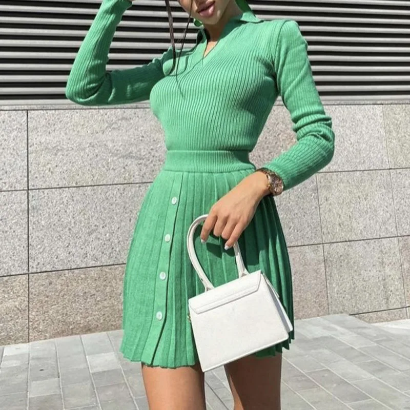 

New Knitted Pleated Mini Skirt Two Piece Set Women High Waist A-line Skirts Suit Female 2021 Autumn Skinny Lady Sexy Patry Sets