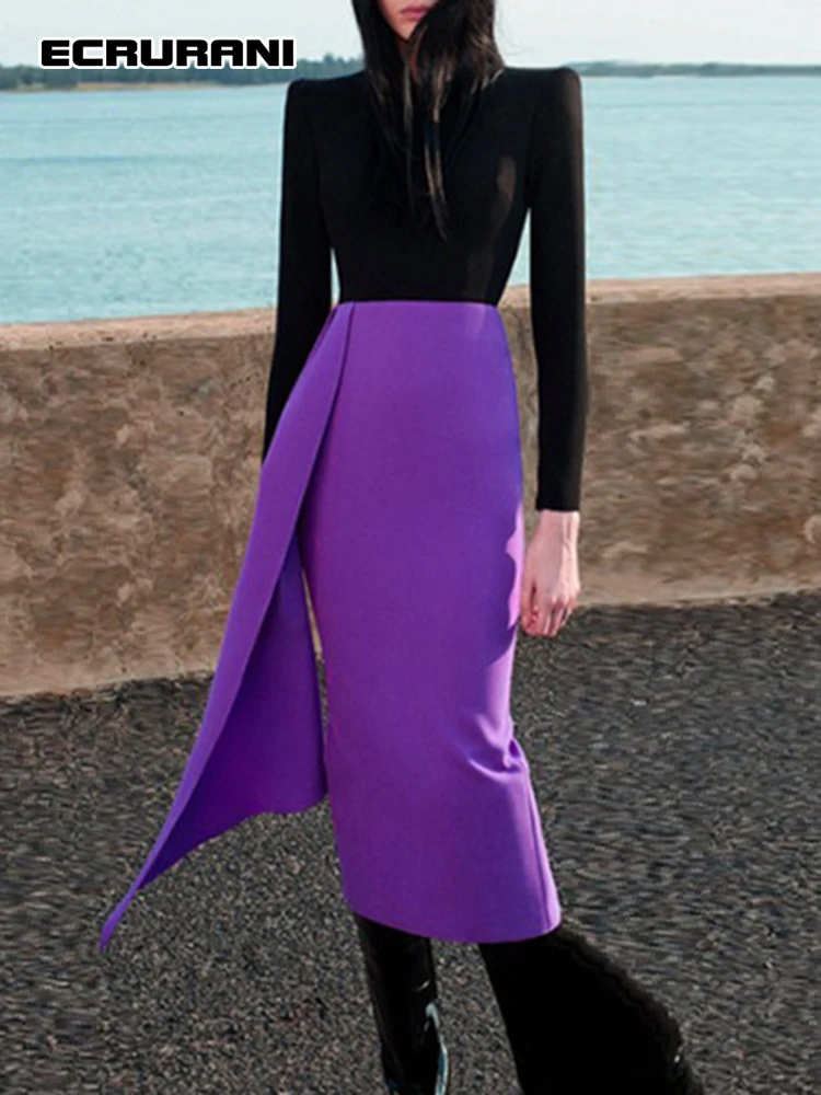 

ECRURANI Two Tone Elegant Dress For Women Round Neck Long Sleeve High Waist Slimming Mid Dresses Females 2021 Autumn New Clothes