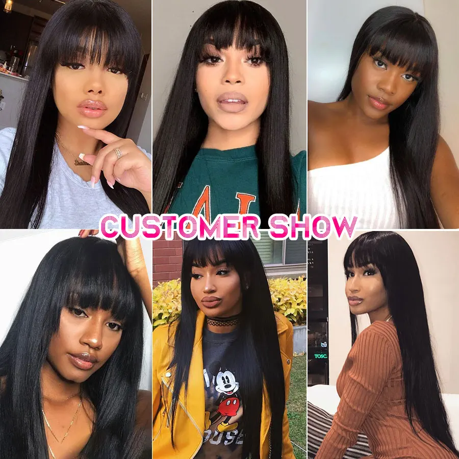 

Straight Human Hair Wig With Bangs Full Machine Made Wig Brazilian Hair Remy Mslynn Hair For Black Woman
