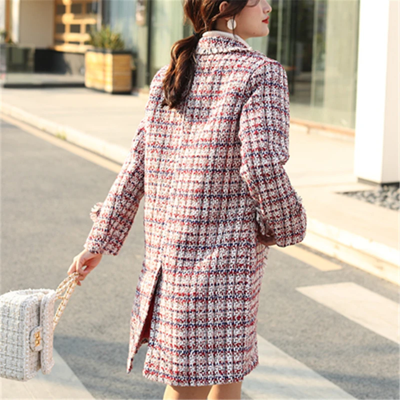 

2021 Autumn Winter Fashion New Mid-Length Lapel Single-Breasted Long-Sleeved Tweed Plaid Female Coat Trendy H458