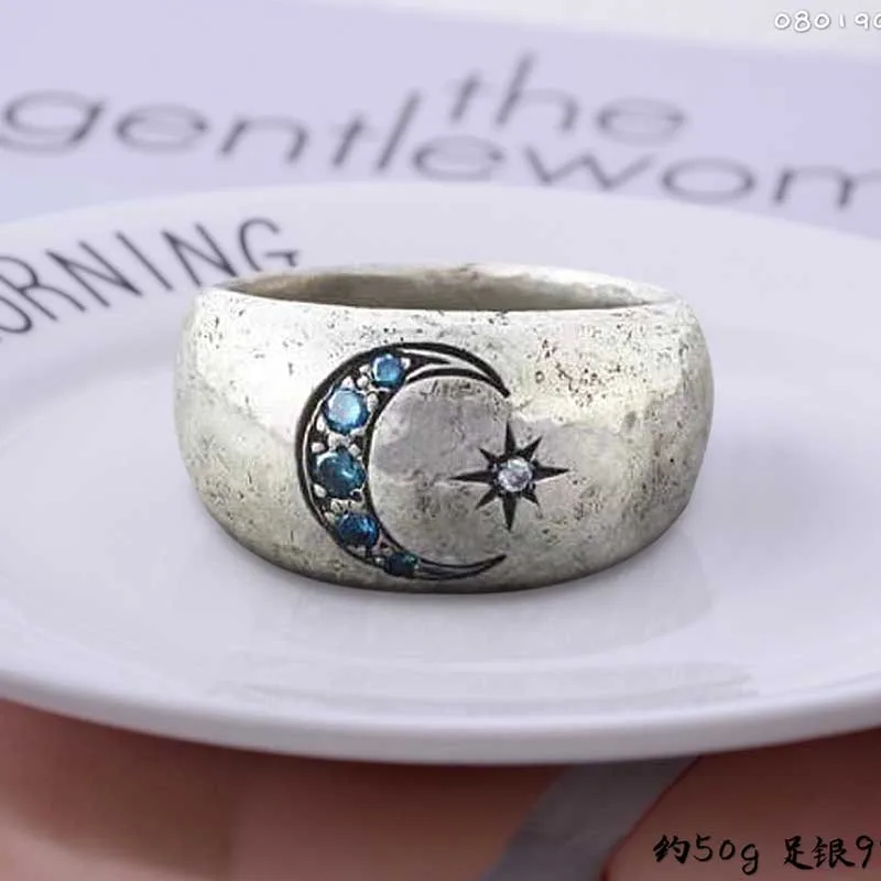 

Romantic Diamond Ring Fashion Vintage Jewelry Antique Natural Aquamarine Gemstone Moon Ring Gift Party Luxury Jewelry