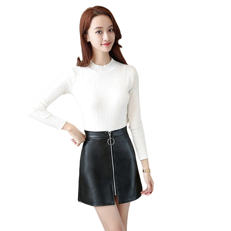

2021 Autumn Winter Women Skirt High Waist Faux Leather Front Zipper Mini Skirts A Line Short PU Pencil Skirts Women