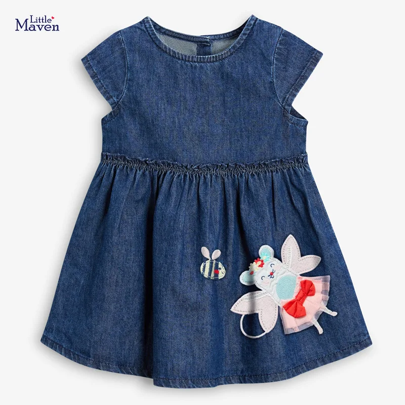 

Little Maven Summer Frocks Baby Girl Clothes Children Denim Bee Applique Sundress Cute Cotton Animal Dress for Kids 2-7 Years