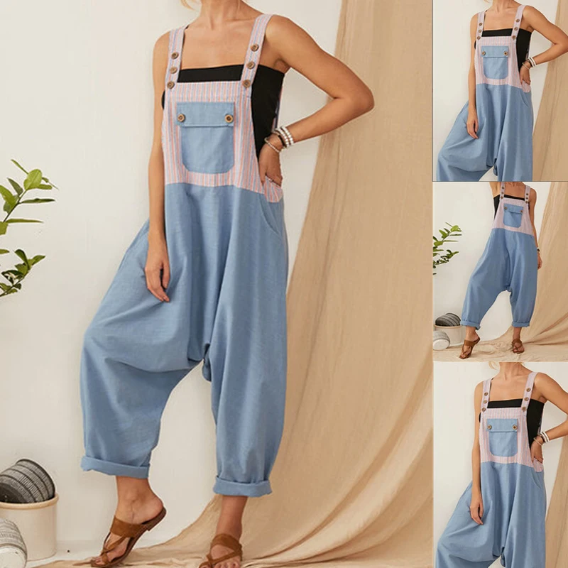 

3XL Summer Button Patchwork Women Jumpsuit Elegant Printed Backless Bodysuit Cotton Linen Pocket Loose Trousers Rompers Overalls