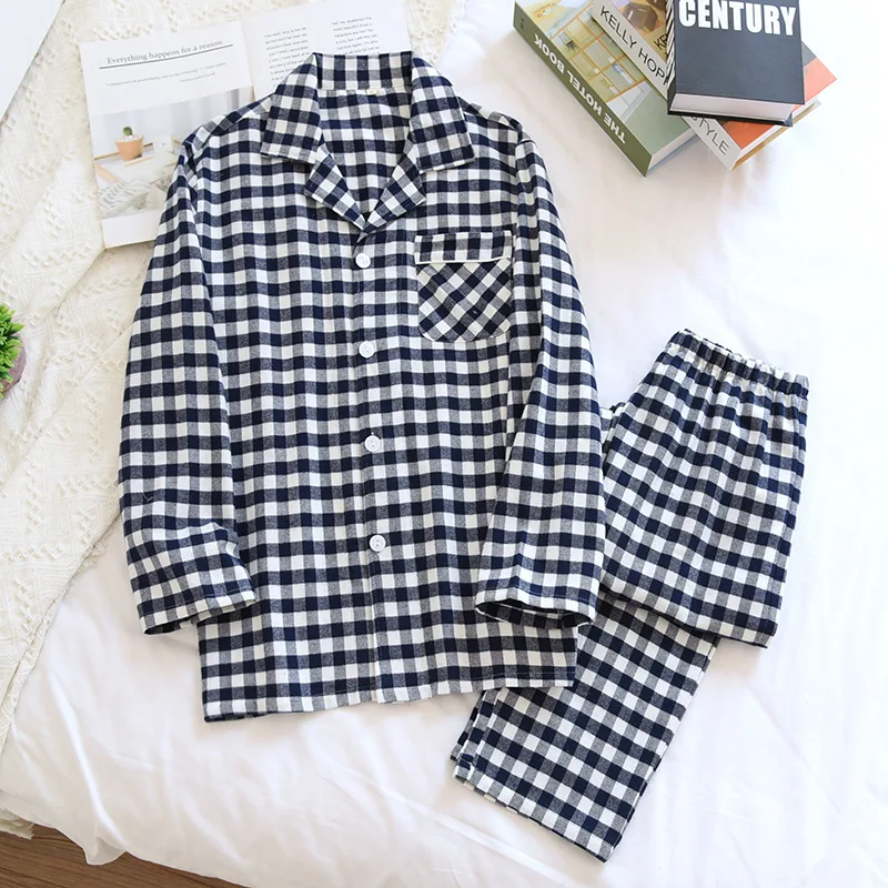 

Spring Couple Pajamas Long Sleeve Cotton Flannel Pijamas Japanese Plaid Two Piece Lounge Wear Women and Men Sleepwear Home Suit