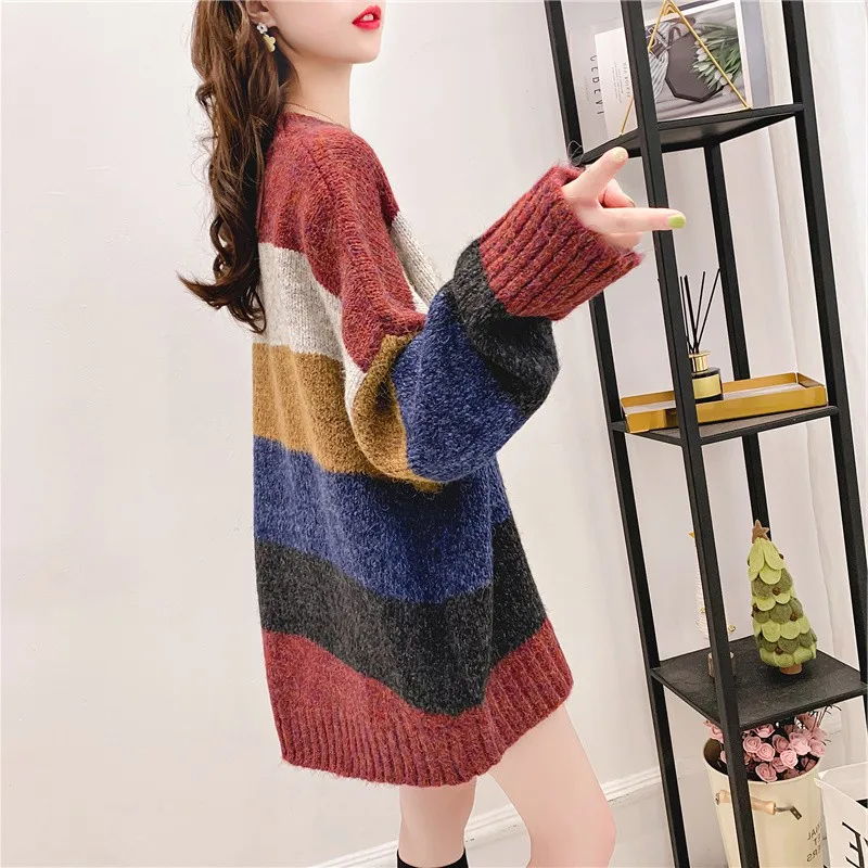 Женский Теплый свитер в разноцветную полоску H.SA джемпер оверсайз радужной