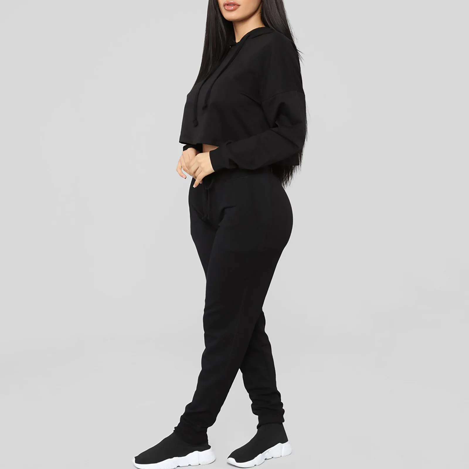 Women's Solid Color Hooded Sportswear Set Casual Homewear Suit Long Sleeve Short Pullover Tops Pants Sports Clothing Tracksuit |