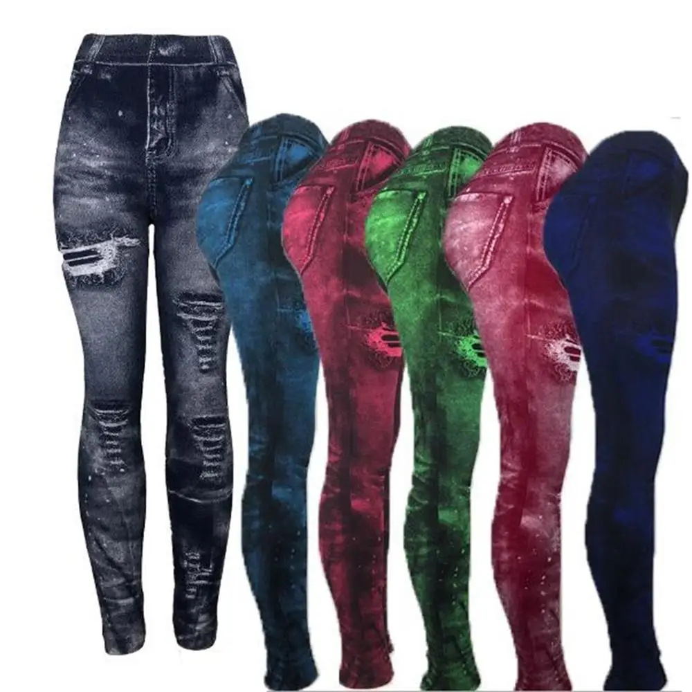 

Women 2023 Imitation Distressed Denim Jeans Leggings Casual High Waist Slim Elastic Pencil Pants Sport Leggins Femal Push Up