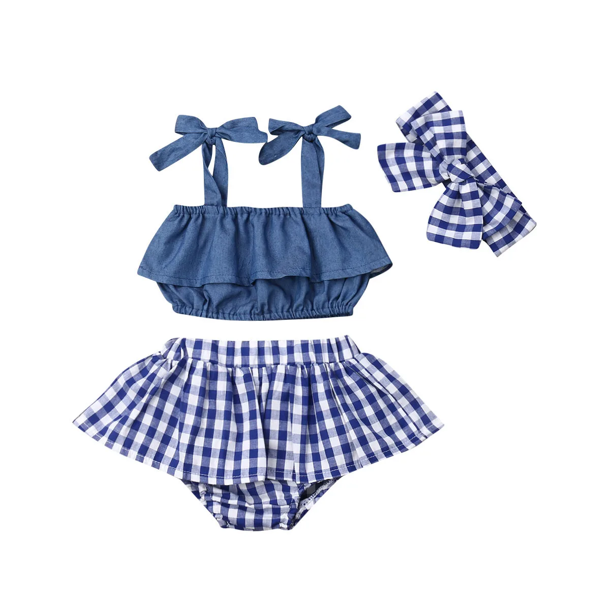 

Комплект из 3 предметов для маленьких девочек, клетчатый короткий топ с оборками и повязка на голову с мини-юбкой, комплект одежды