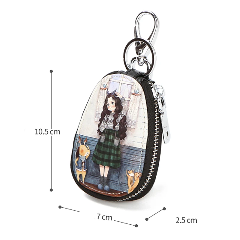 

Cartoon Painted Design Key Bag Women Small Leather Key Wallets Girl students Leather Keychain Pouch Car zipper Keyring Key Case