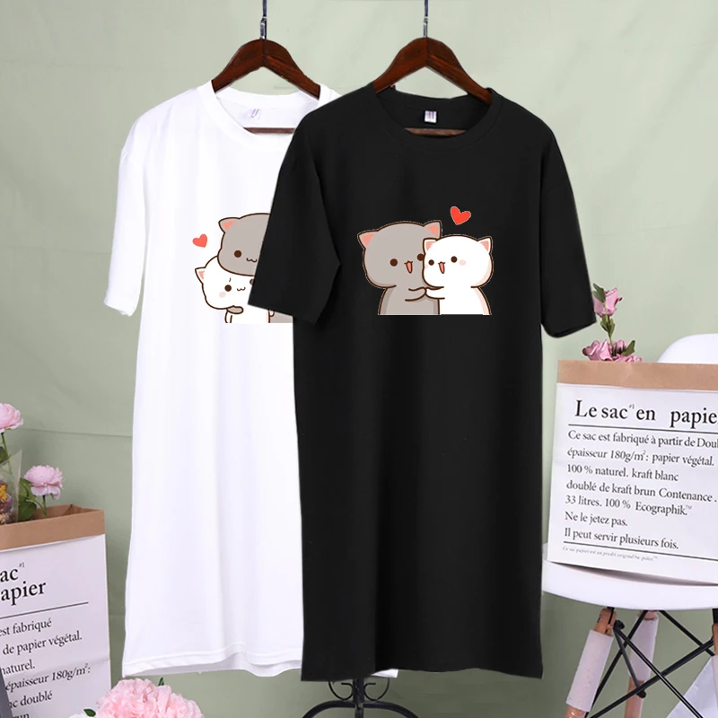 

Summer Tshirt Dress Kawaii Cartoon Cat Print Casual Streetwear Black Short Sleeeve Party Mini Vestidos