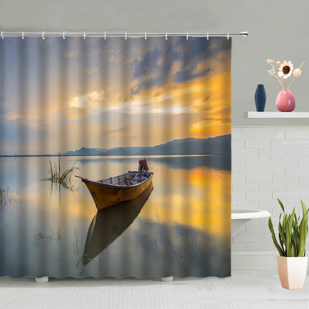 

Bathtub Decoration Sea Boat Night Natural Scenery Background Picture Bathroom Partition Screen Waterproof Polyester With Hooks