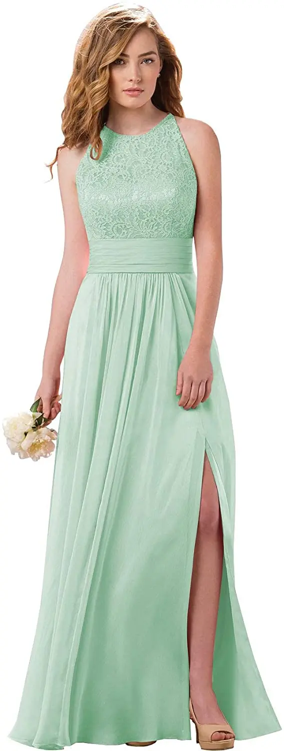 

Women's Halter Lace Bodice Slit Chiffon Bridesmaid Dress Long Backless Formal Prom Dress Plus Size Ruched Dress