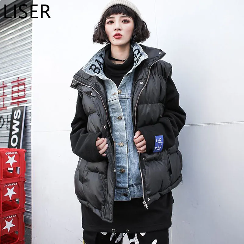 

Модный женский пуховой жилет из хлопка, Осень-зима 2021, Модный повседневный свободный джинсовый жилет с прострочкой, женский жилет из двух ча...