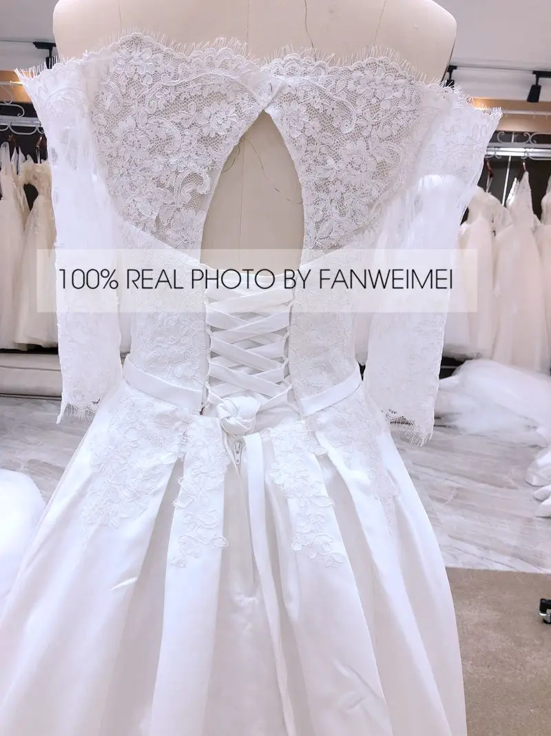 

Off Shoulder Bridal Gown Half Sleeves Noble A-Line Satin 2021 Spring Vintage Wedding Dress Hollow Back Corset Closure #9039