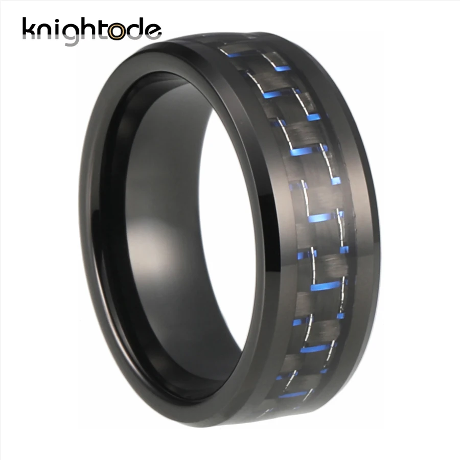 Модные кольца из черного карбида вольфрама 8 мм синие/черные вставки углеродного
