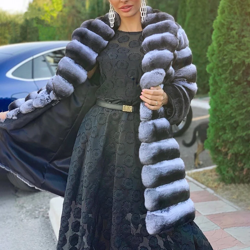90cm Long Real Rex Rabbit Fur Coats for Women Winter Outwear Natural Chinchilla Color Rex Rabbit Fur Overcoats Luxury Woman 2022 enlarge