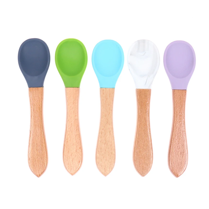Cuchara de silicona para beb&eacute;, para aprendizaje cuchara de madera de Color caramelo, antideslizante, herramientas de alimentaci&oacute;n de alimentos-5
