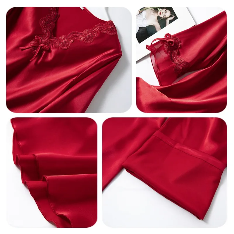 

Summer Thin Lingerie Sexy 2PCS Shirt&Pants Set Satin Pajamas Suit Women V-Neck Sleepwear With Bow Lace Nightwear Home Clothes