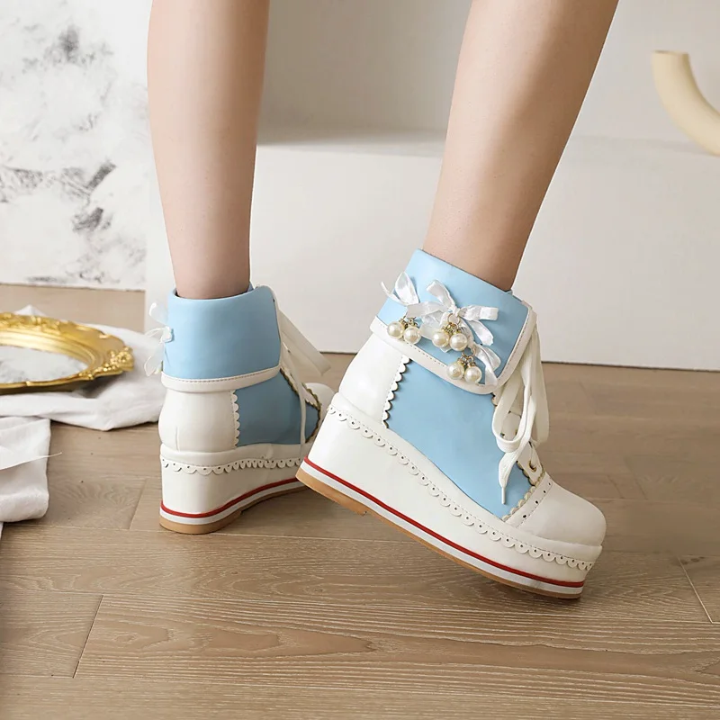 Women Kawaii Lolita Boots Lace-Up Ankle Bootie Wedges Platform Outdoor Cosplay Dress Shoes with Pearl Sring Bead Plus Size 34-48