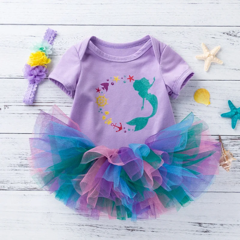 

0-24 Month Summer Casual Cotton Short Sleeve Romper Baby Girl's Birthday Rainbow TuTu Dress Print Romper Mesh Skirt dress 4pcs
