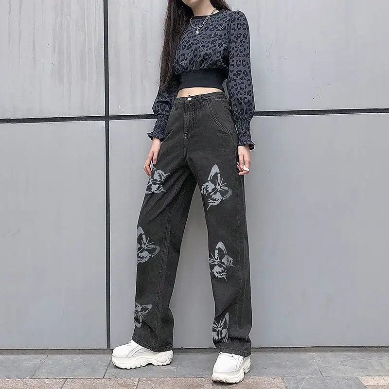 

2021 New Summer Vintage Jeans Woman Long Trousers Cowboy Female Loose Streetwear Butterfly Print Pants