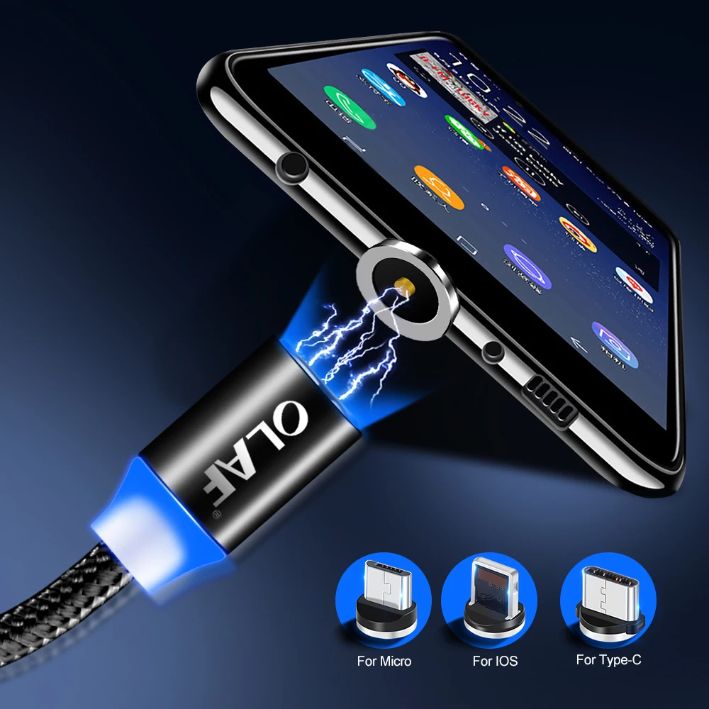 Магнитный кабель 1м оплетенный для мобильного устройства с подсветкой LED Type C, Micro USB, магнитное зарядное устройство для iPhone X XS max 7 8 10 Samsung Xiaomi Apple Cabo on.