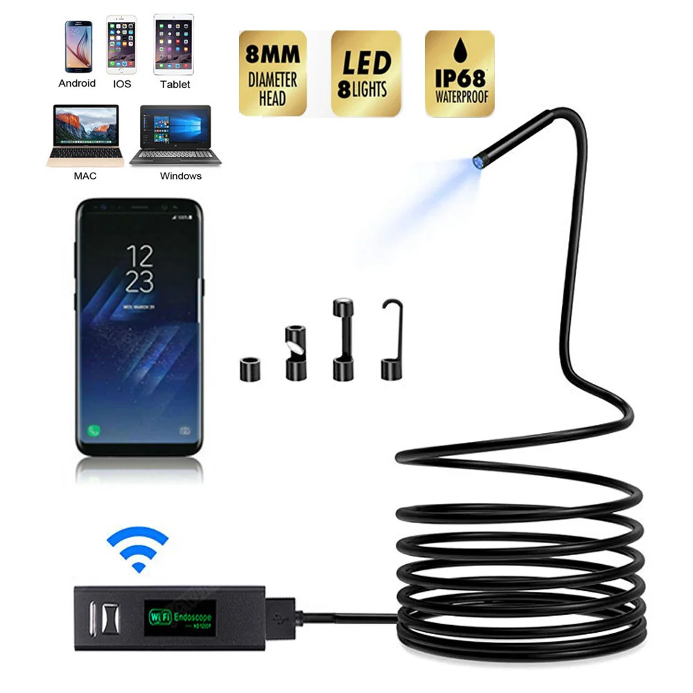 

8mm Wifi HD 1200P Endoscope Camera USB IP68 Waterproof Borescope Semi Rigid Tube Wireless Video Inspection for Android/iOS