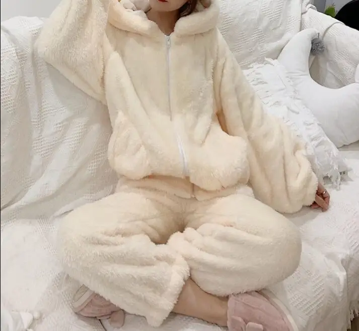 1916 beige color Осень зима спортивный костюм пижамы для женщин с капюшоном на молнии раздел фланелевые пижамы теплая одежда для сна женский пижамный комплект - Цвет: 1916 beige color