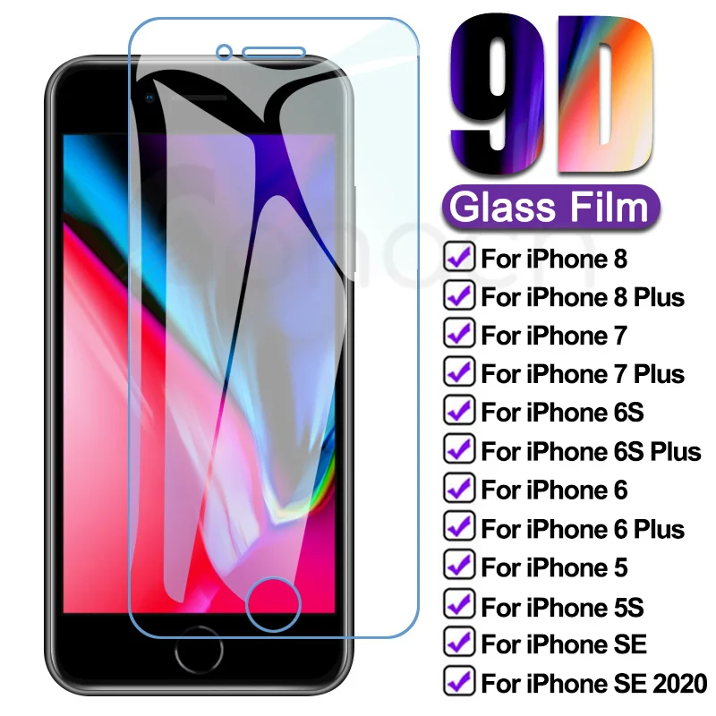 Закаленное стекло 9D с полным покрытием для iPhone 8 7 6 6S Plus Защита экрана 5 5S SE 2020