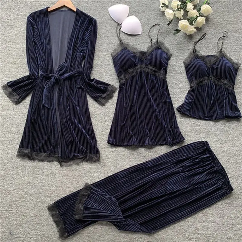 

Pajamas women's pajamas stylish and comfortable four-piece thick long-sleeved home service with chest pad robe 2019