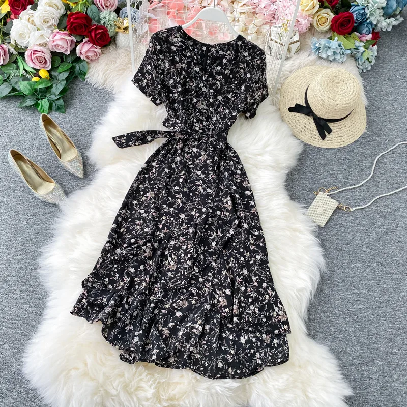 

COIGARSAM Office Lady Women Long dress New Summer Patchwork Floral Print Chiffon Short Sleeve Dresses Green Blue 687230