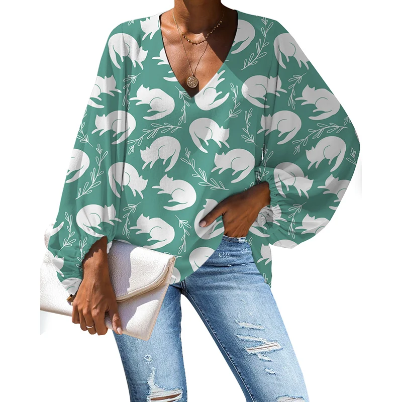 NOISYDESIGNS Women Summer Long-sleeve Blouses V-neck Sexy Cats Animals Printing Ladies Tops Plus Size Loose Shirts Mujer Ropa | Женская