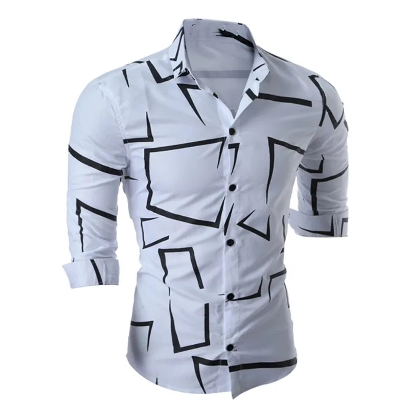 

Рубашка мужская с геометрическим принтом, модная блуза на пуговицах с отложным воротником, Повседневный Кардиган с длинным рукавом в стиле ...